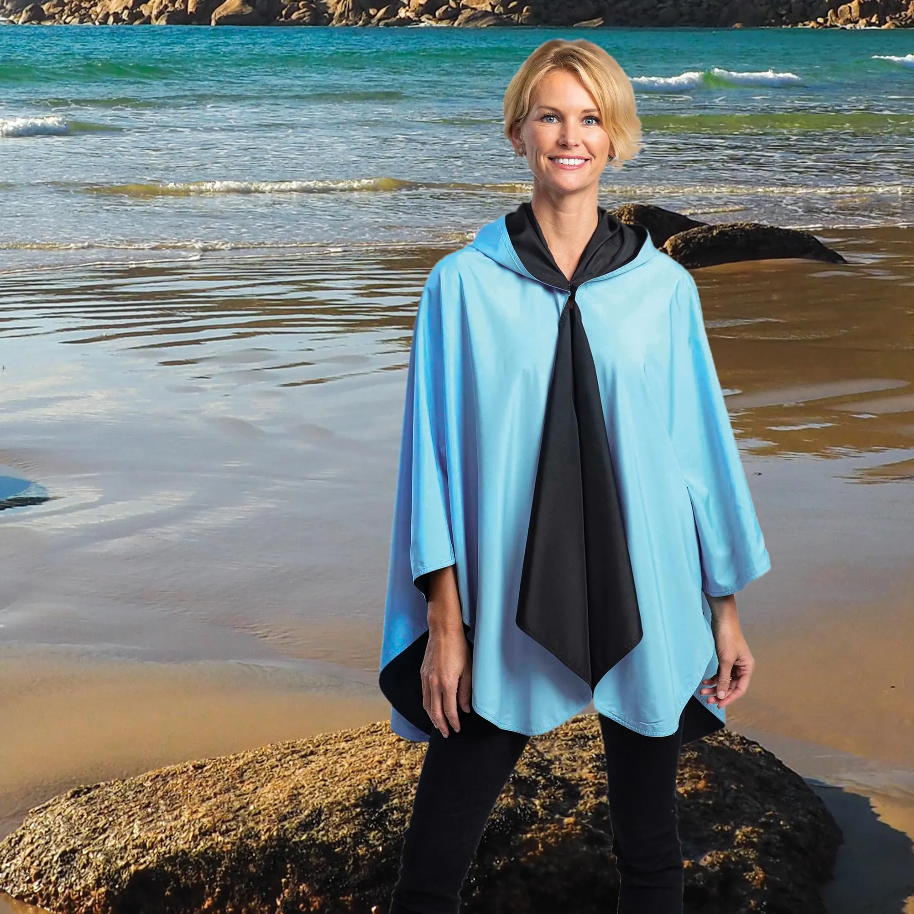 Black & Sky Blue Womens Reversible Rain Cape