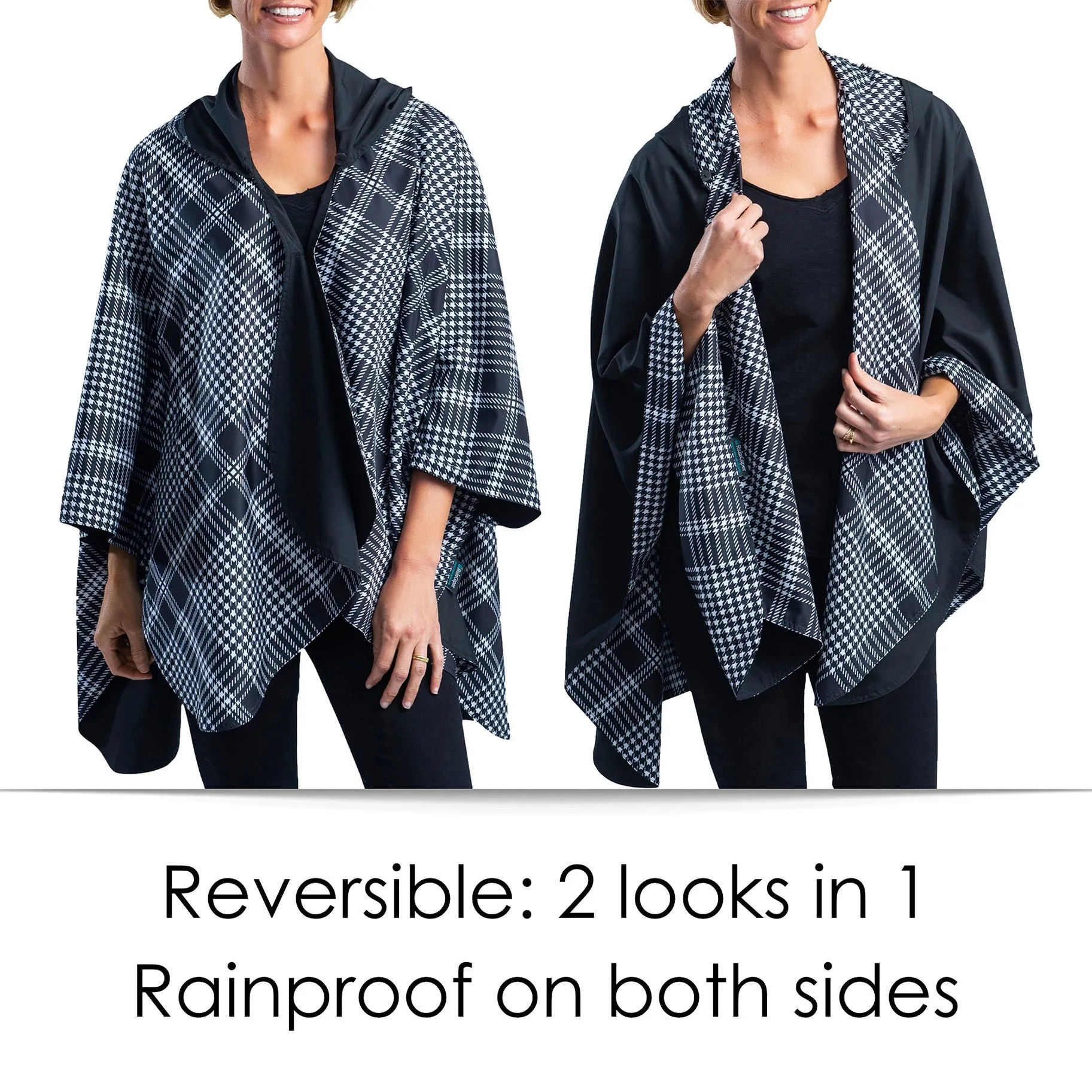 Black & White Houndstooth Plaid Womens Rain Cape - Rainproof Breathable Rain Poncho