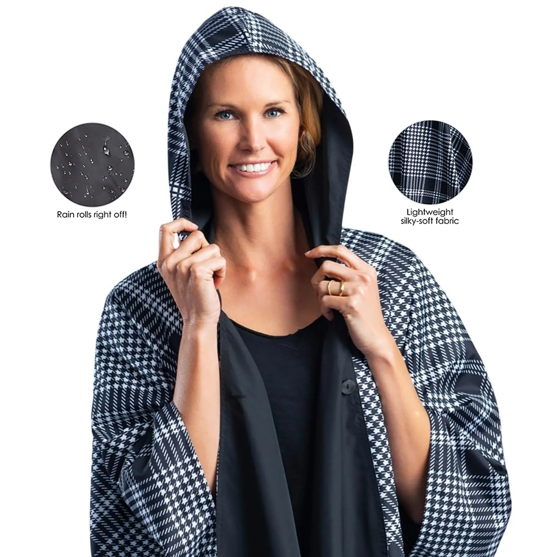 Black & White Houndstooth Plaid Womens Rain Cape - Rainproof Breathable Rain Poncho