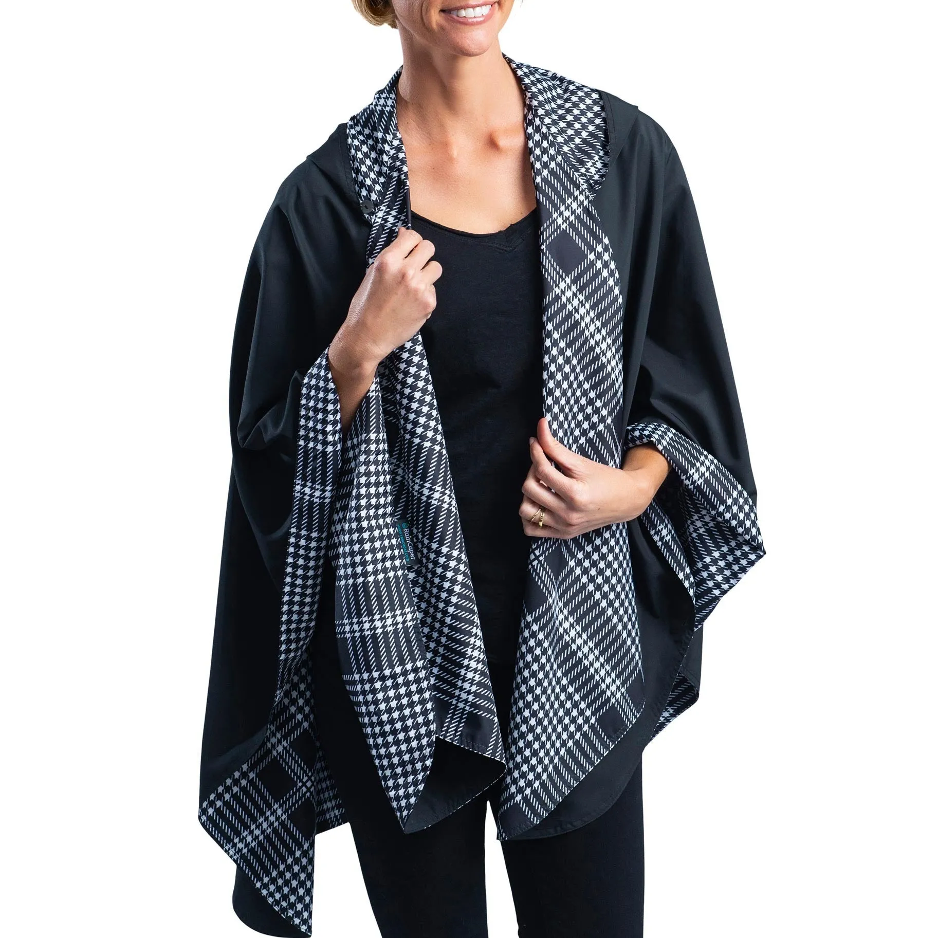 Black & White Houndstooth Plaid Womens Rain Cape - Rainproof Breathable Rain Poncho