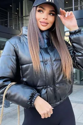 Black Puffer Windbreaker Faux Leather Crop Jacket