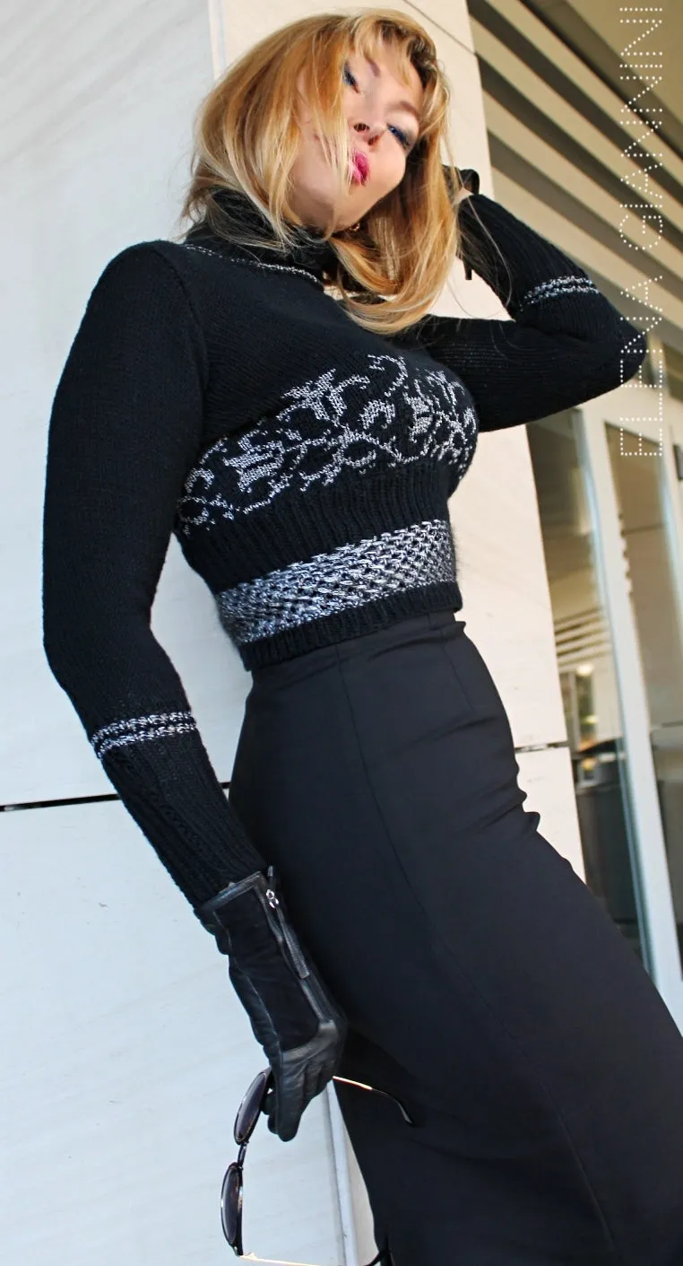 Black Short Handknitted Designer Sweater with Silver Floral Pattern