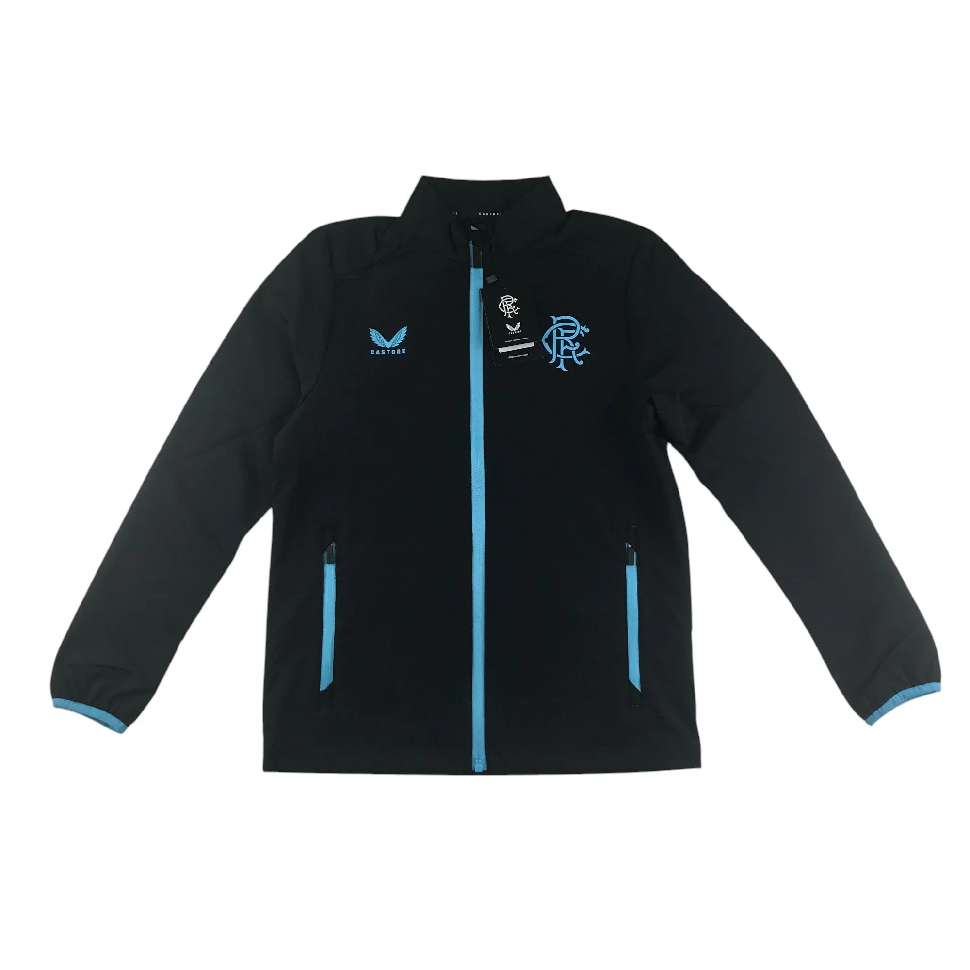 Castore Rangers FC players travel jacket women size UK 8 black and blue fill zipper windbreaker