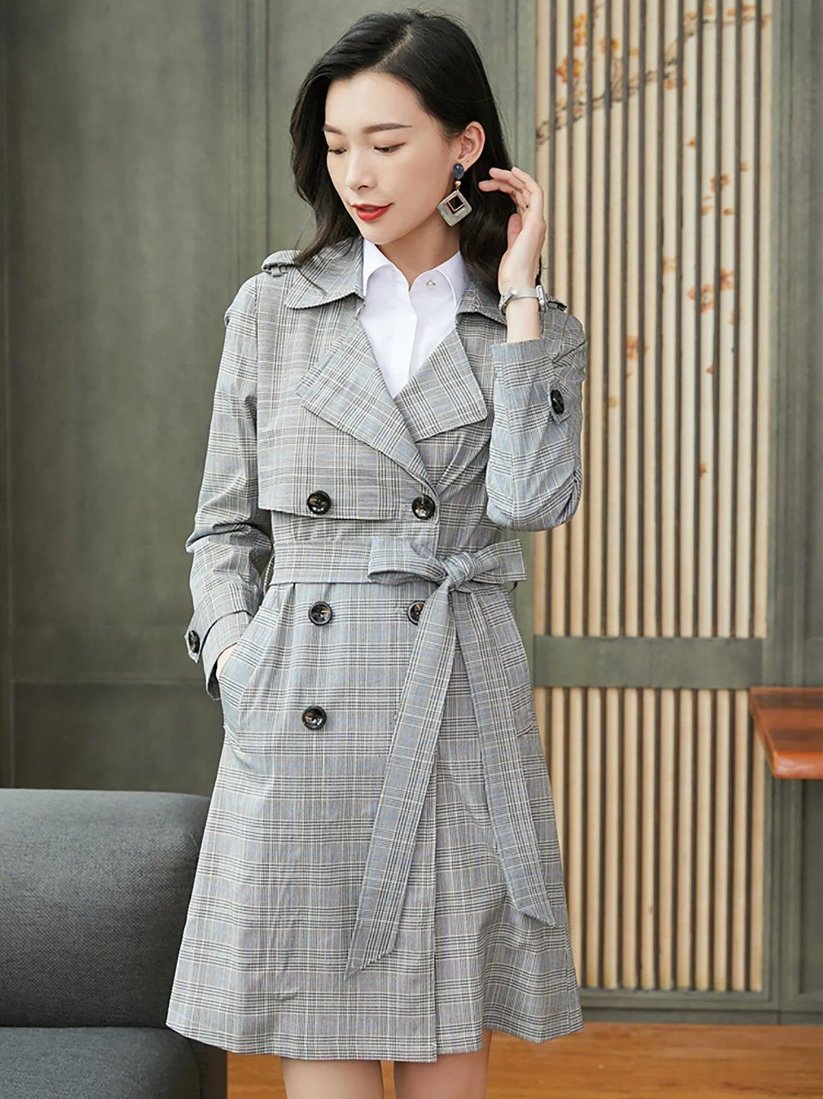 Custom Check Pattern Epaulet Belted Trench Coat