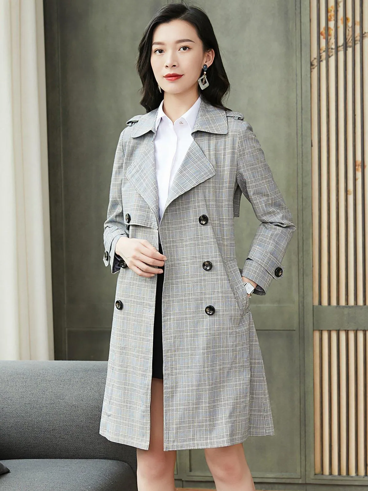 Custom Check Pattern Epaulet Belted Trench Coat