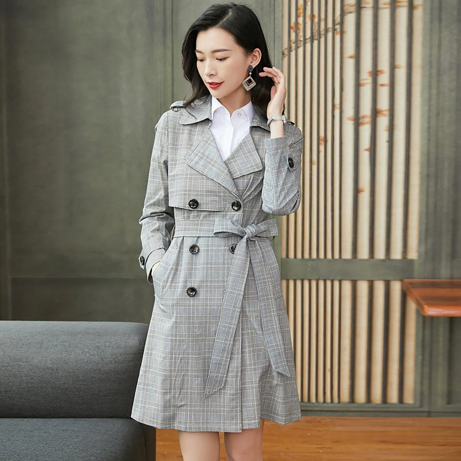 Custom Check Pattern Epaulet Belted Trench Coat