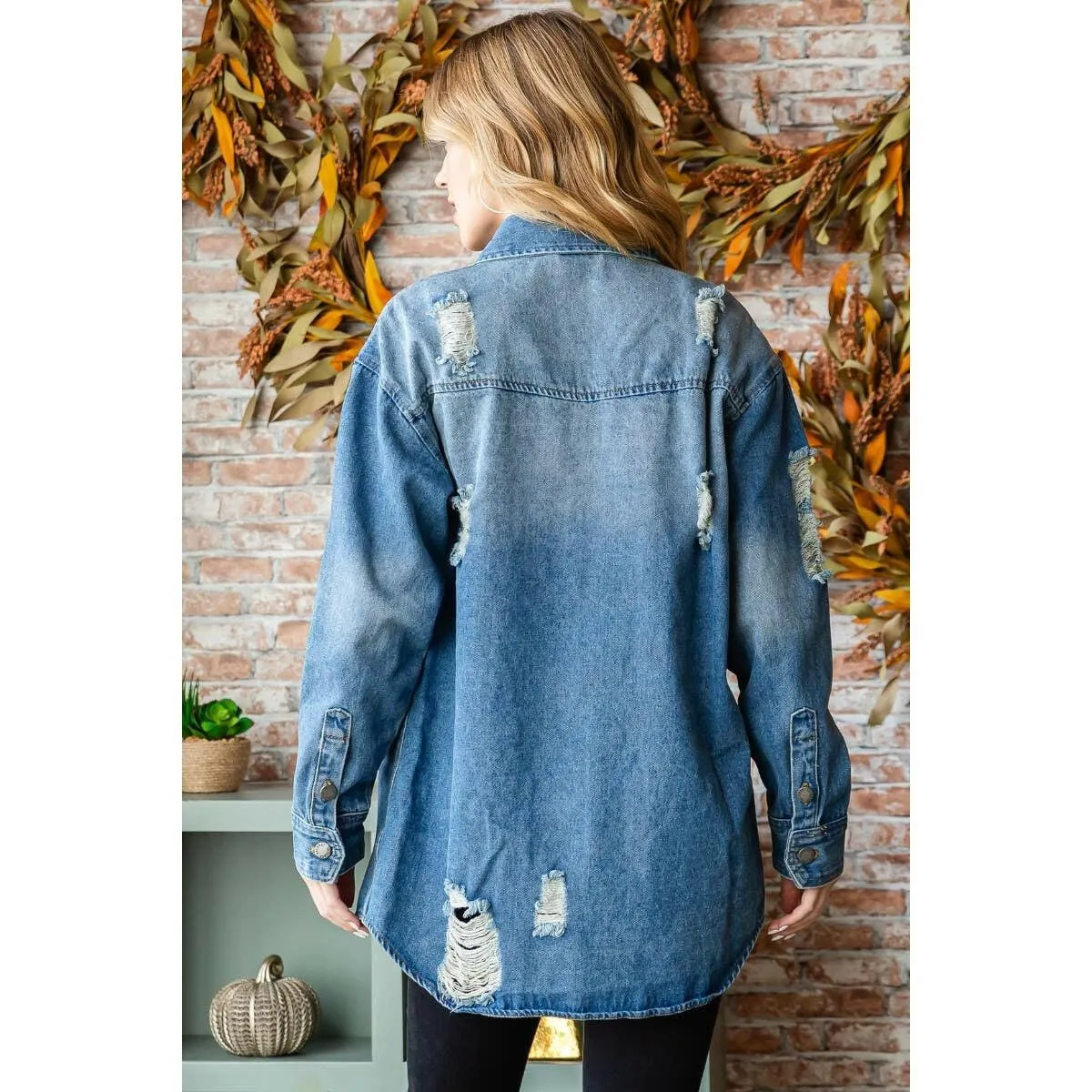 Distressed Denim Shirts Jacket: Medium Wash