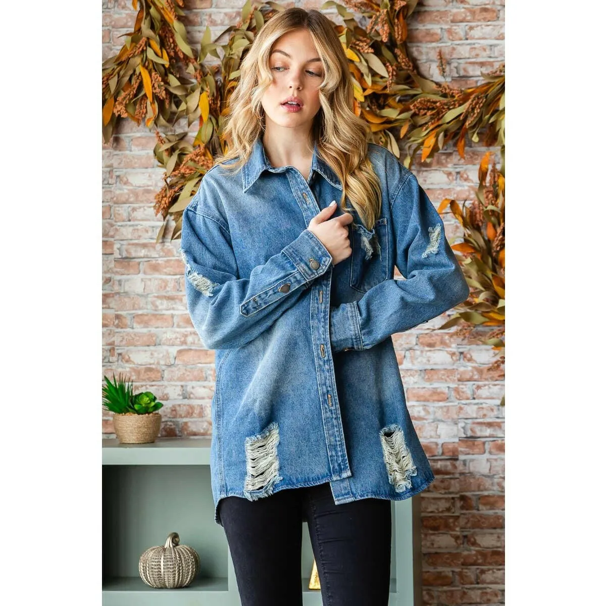 Distressed Denim Shirts Jacket: Medium Wash