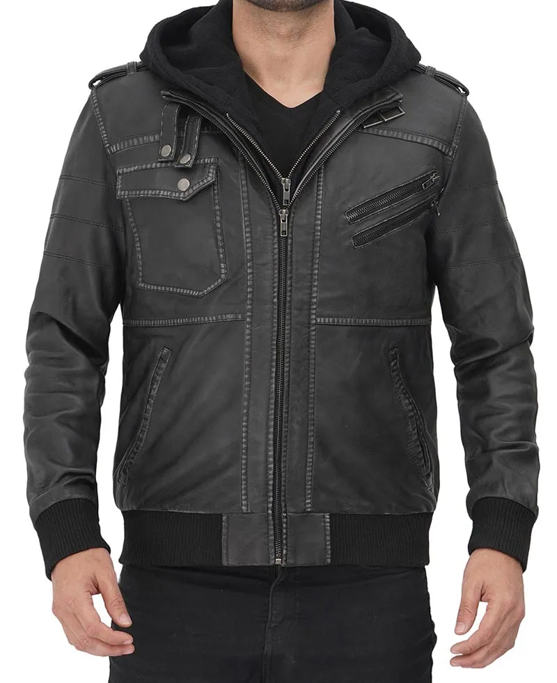 Edinburgh Mens Grey Leather Bomber Jacket With Removable Hood