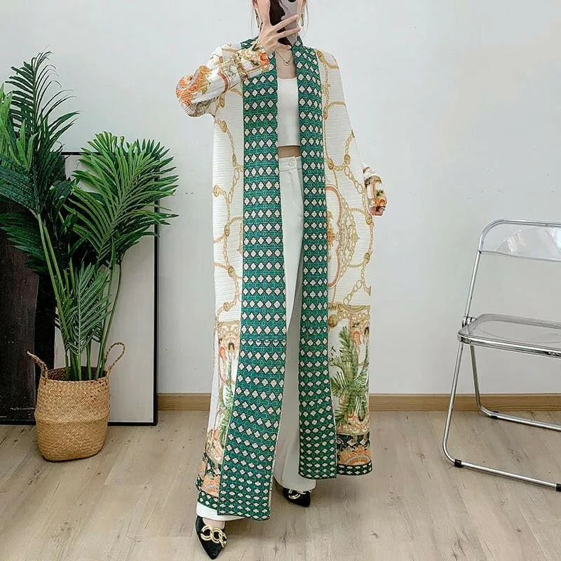 Flowy Green Polka Dot and Floral Printed Arab Robe Coat Jacket Cape