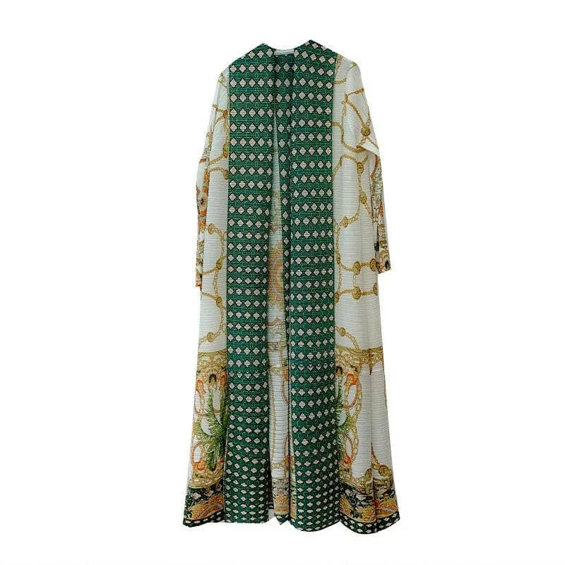 Flowy Green Polka Dot and Floral Printed Arab Robe Coat Jacket Cape