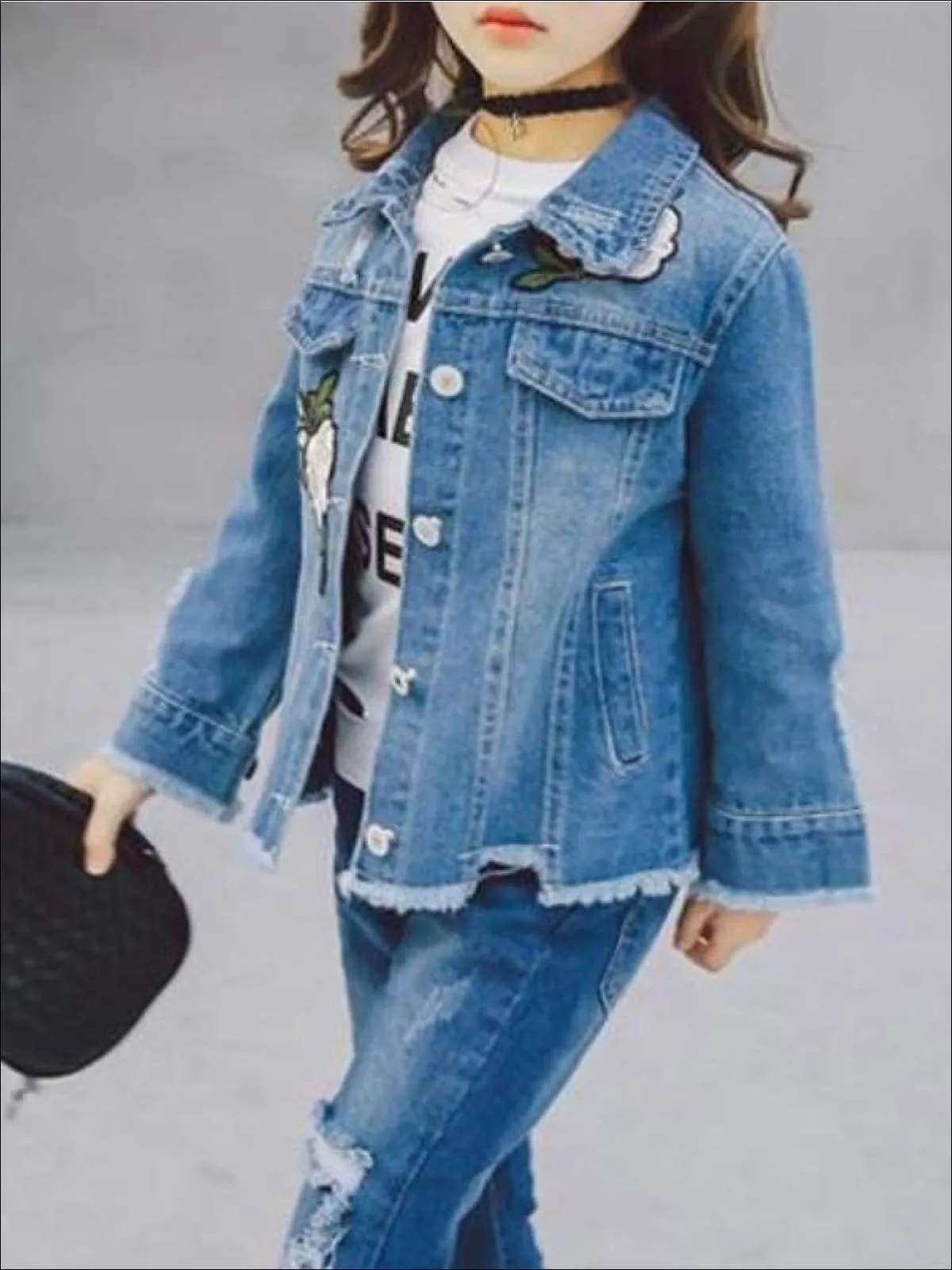 Girls Flower Patch Distressed Frayed Hem Denim Jacket