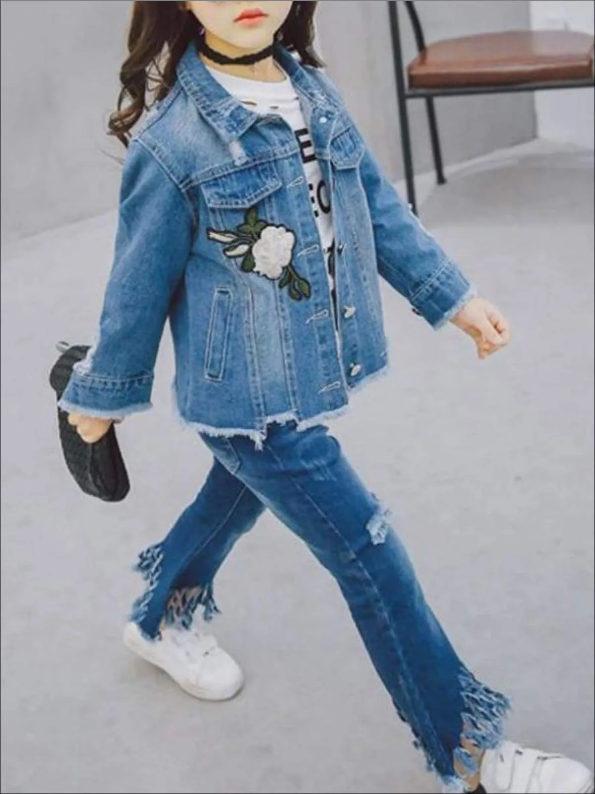 Girls Flower Patch Distressed Frayed Hem Denim Jacket