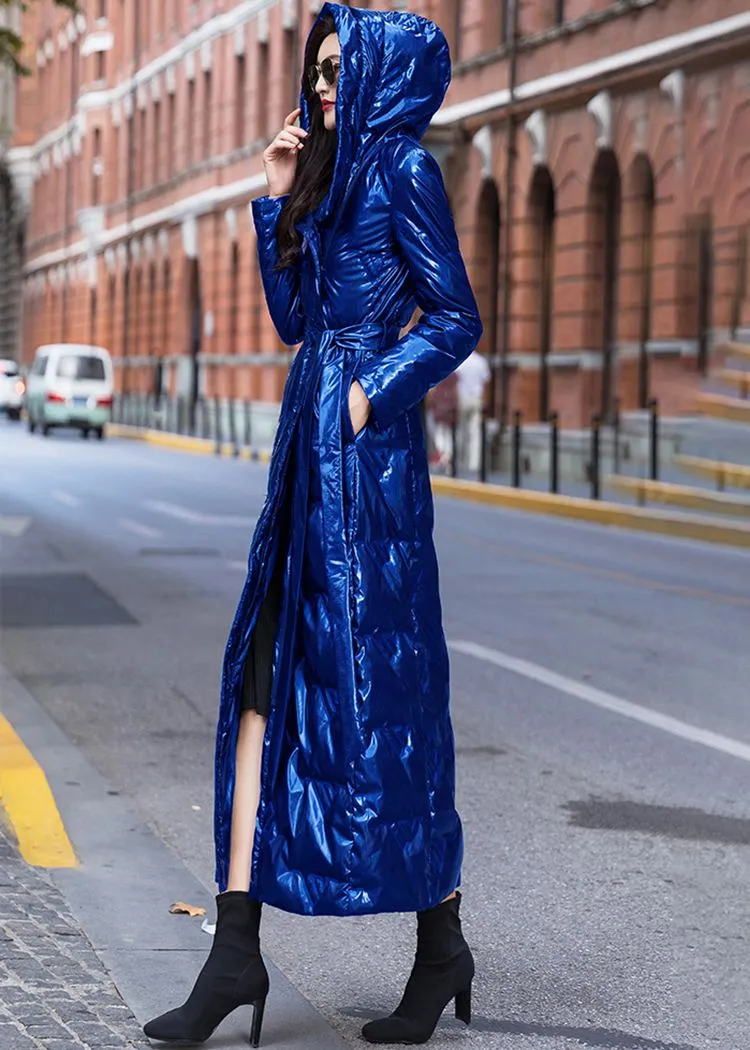 Glossy Blue Hooded Belted Long Down Puffer Coat