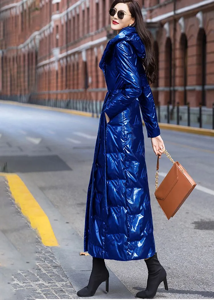 Glossy Blue Hooded Belted Long Down Puffer Coat