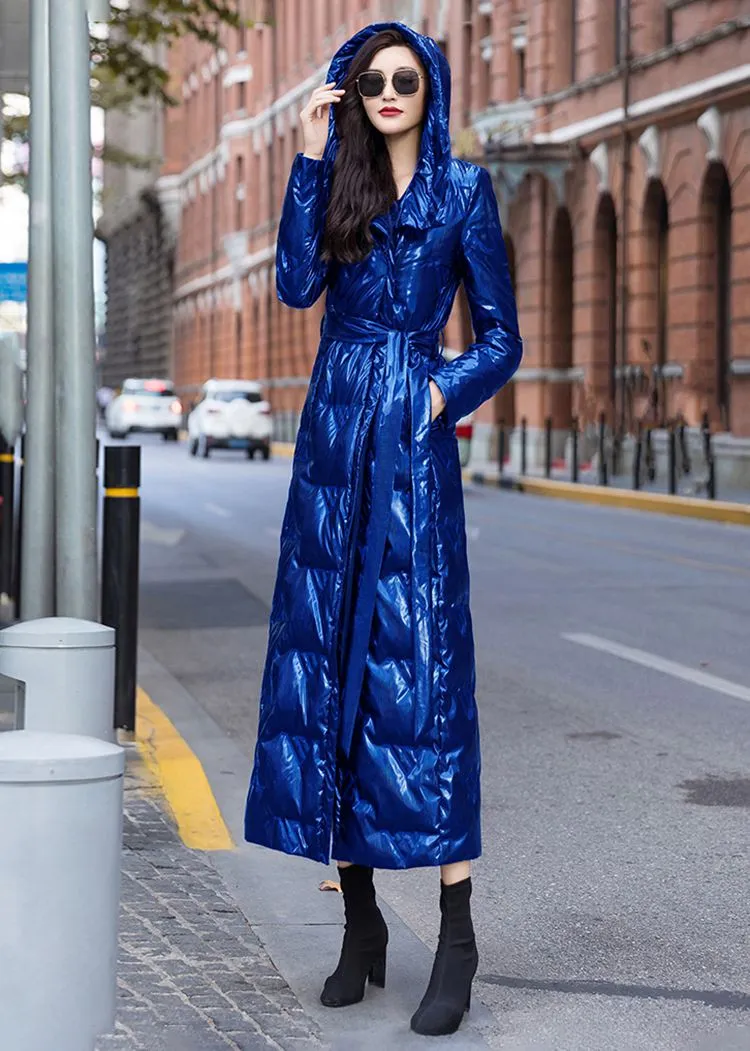 Glossy Blue Hooded Belted Long Down Puffer Coat