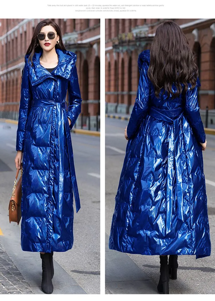 Glossy Blue Hooded Belted Long Down Puffer Coat