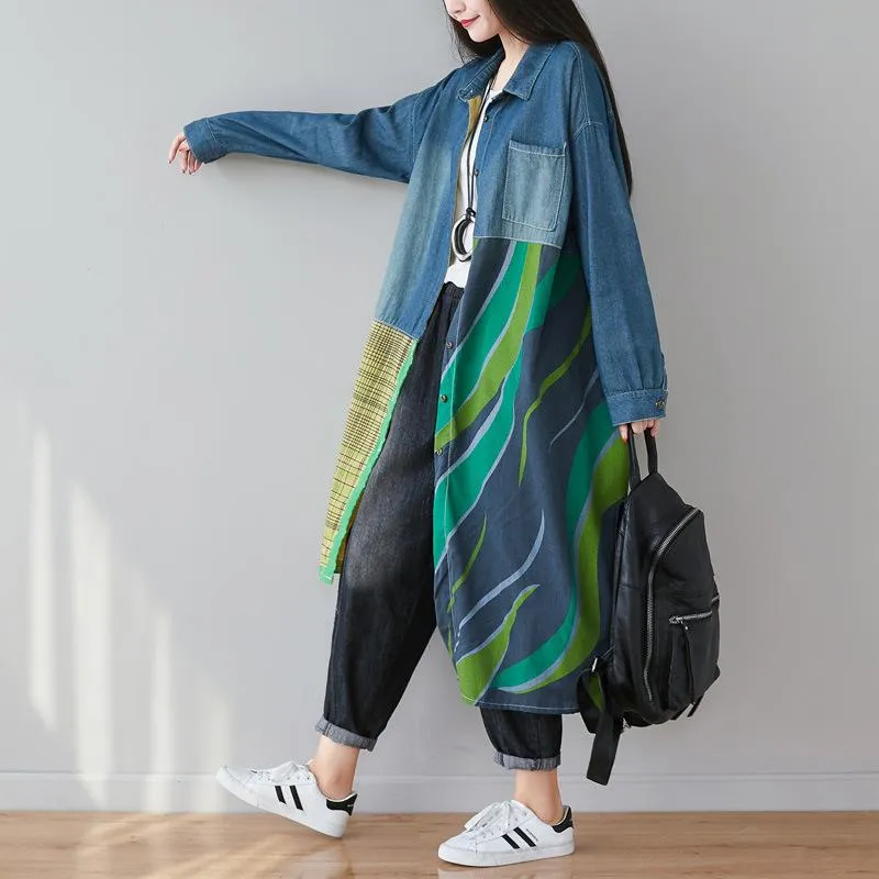 Irregular Split Jointing Denim Women Long Shirts