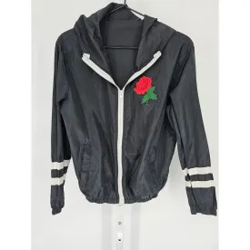 Juniors Sz M Zip Up Windbreaker Bomber Jacket Black White Rose Patch