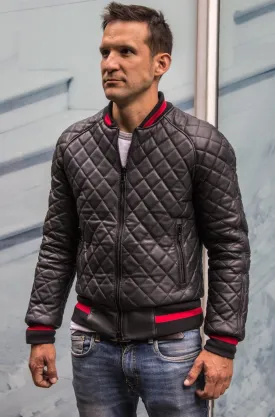 LUXUS HYBRID Bomber Quilted Jacket  Leather Black - Red Stripe