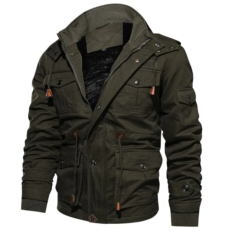 Men Zip Up Multi-Pocket Drawstring Thermal Military Winter Hooded Coat