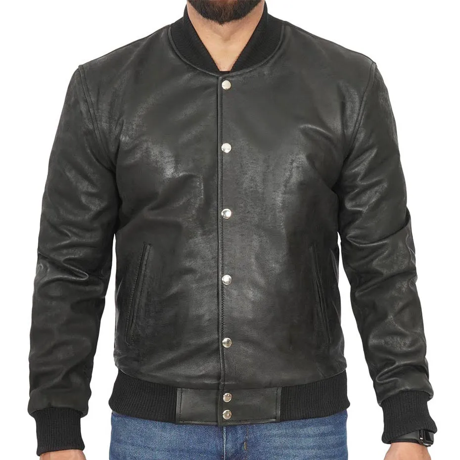 Mens Black Leather Letterman Bomber Jacket