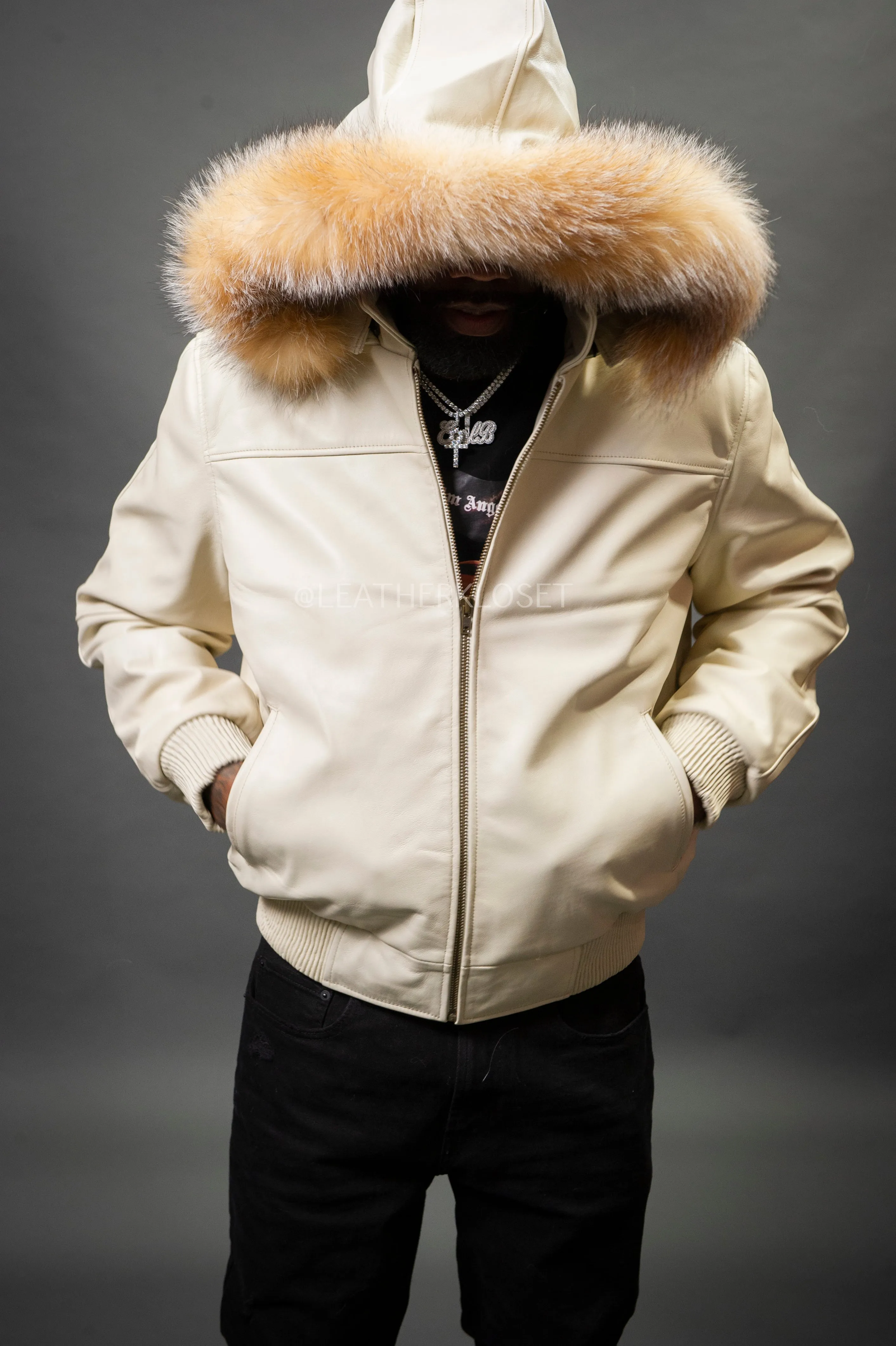 Men's Classic Baseball Jacket With Fox Hood [Beige]