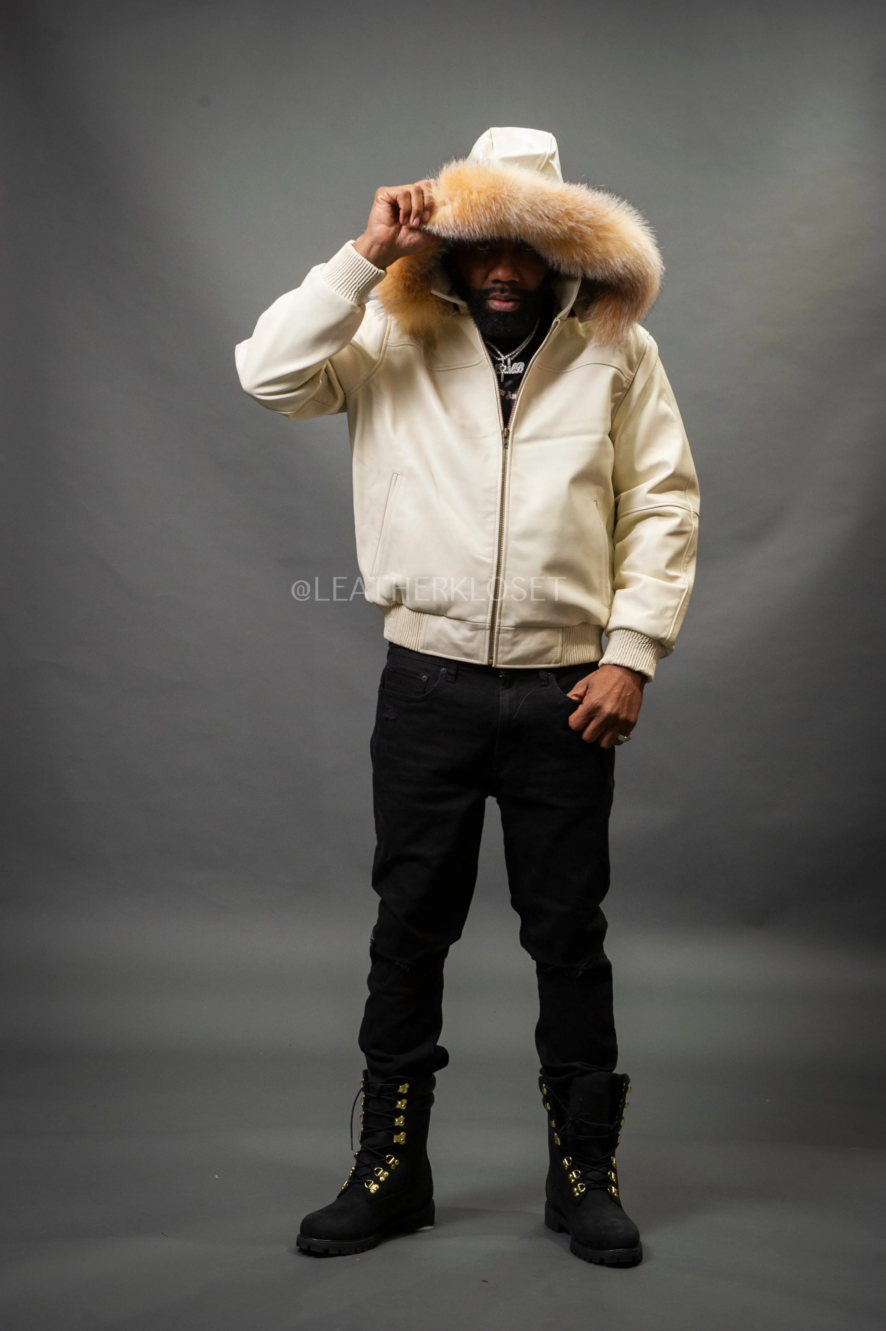 Men's Classic Baseball Jacket With Fox Hood [Beige]