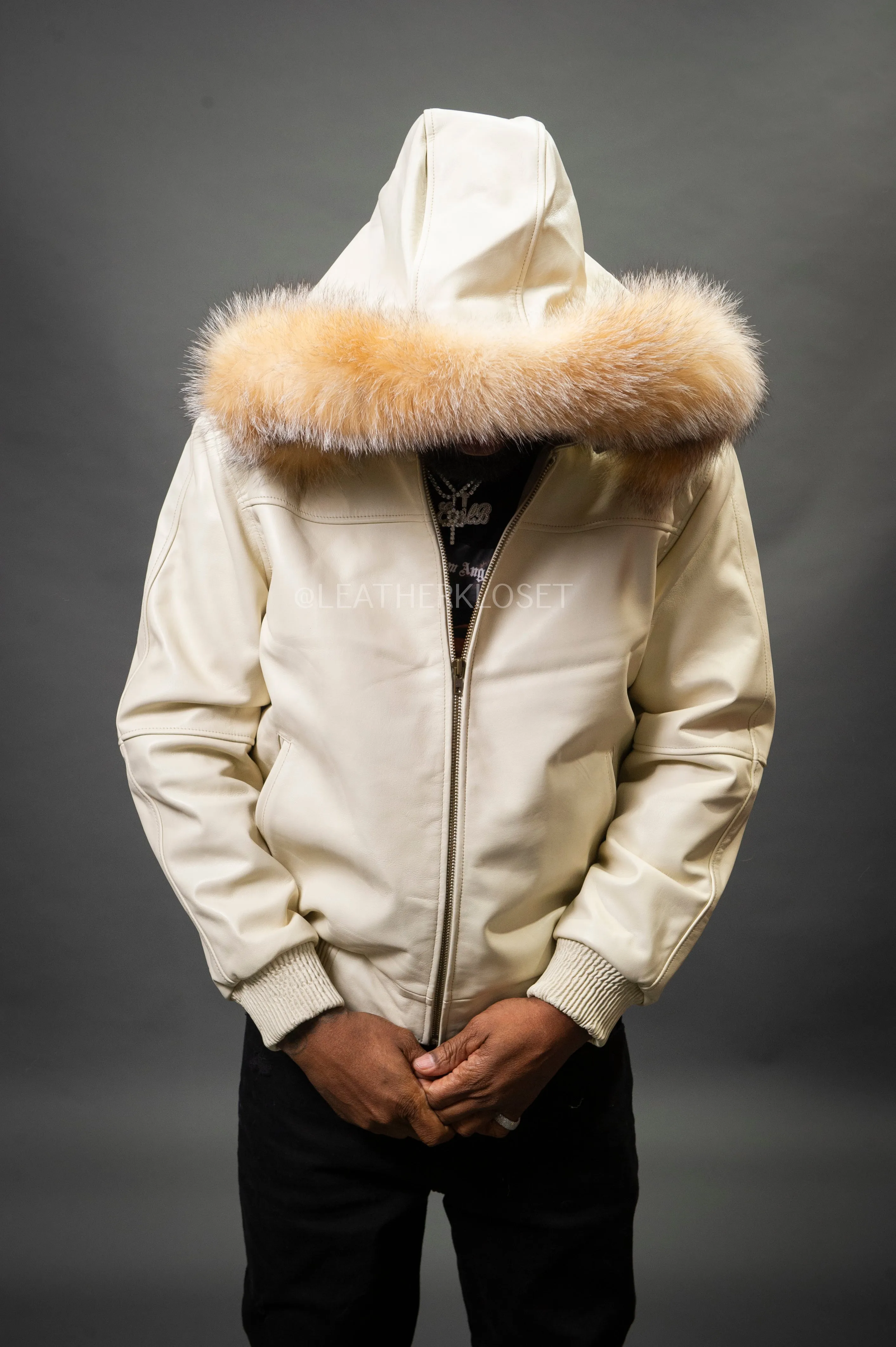 Men's Classic Baseball Jacket With Fox Hood [Beige]