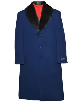 Men's Dress Coat (Removable ) Fur Collar 3 Button Wool Full Length Overcoat ~ Long men's Dress Topcoat - Winter coat 65% Wool Full Length Fabric Also Navy Blue