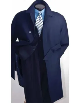 Mens Overcoat - Topcoat For Men - Winter Fabric - Men's Full Length Navy Blue Belted Wool Overcoat