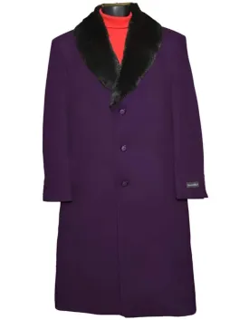 Men's (Removable) Dress Coat Fur Collar Dark Purple 3 Button Overcoat ~ Long Men's Dress Topcoat - Winter Coat Fabric Also - Three Quarter 34 Inch Length