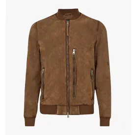 Men's Suede Real Leather Bomber Jacket In Brown