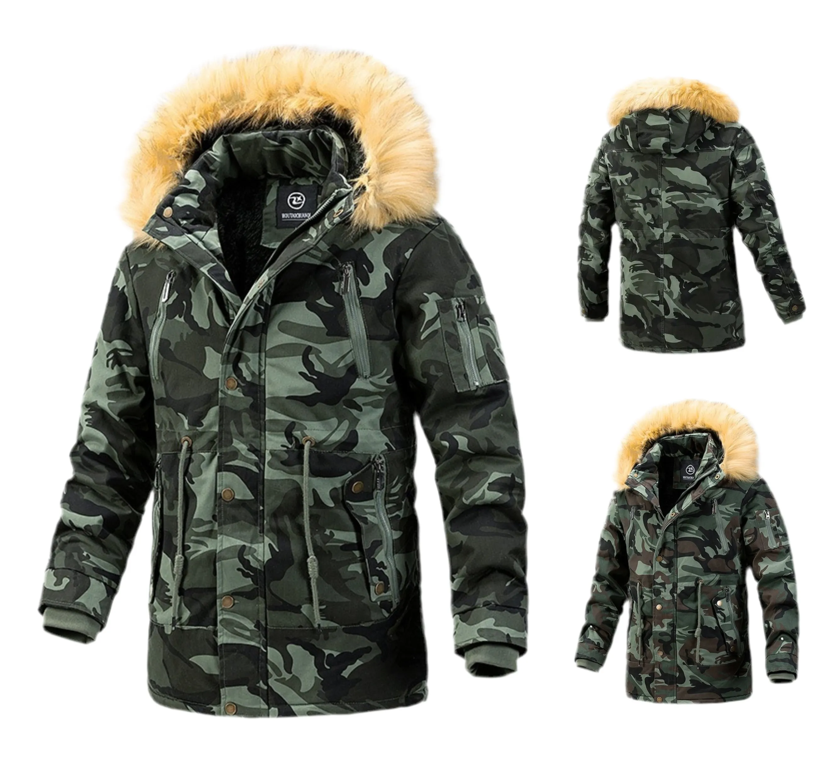 Men's Versatile Camouflage Fleece-Lined Military Jacket with Fur Hood & Multi Pockets