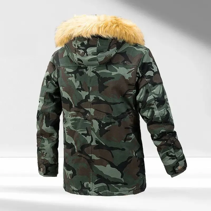 Men's Versatile Camouflage Fleece-Lined Military Jacket with Fur Hood & Multi Pockets