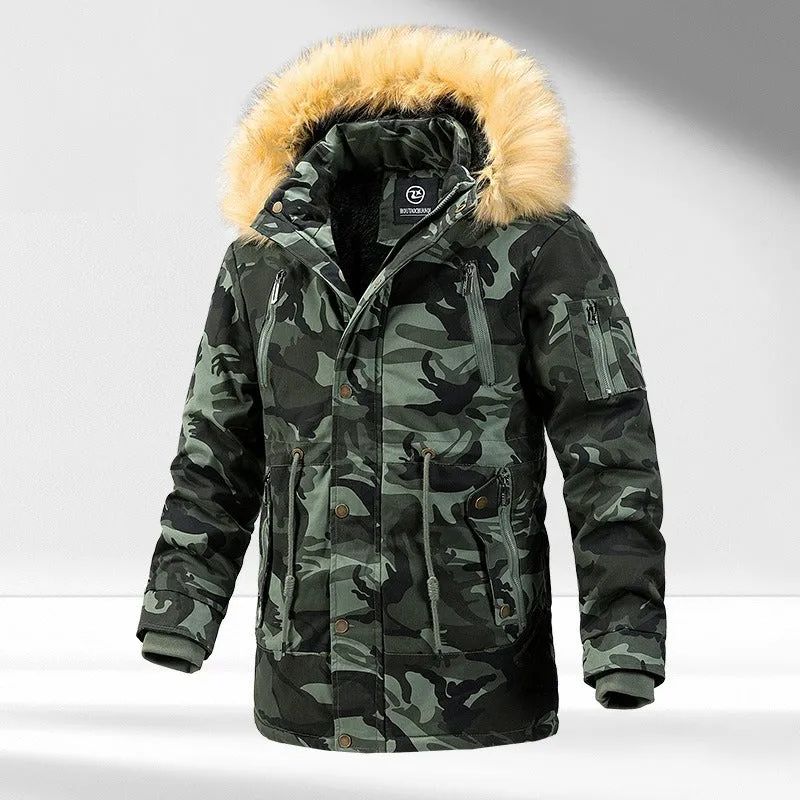 Men's Versatile Camouflage Fleece-Lined Military Jacket with Fur Hood & Multi Pockets