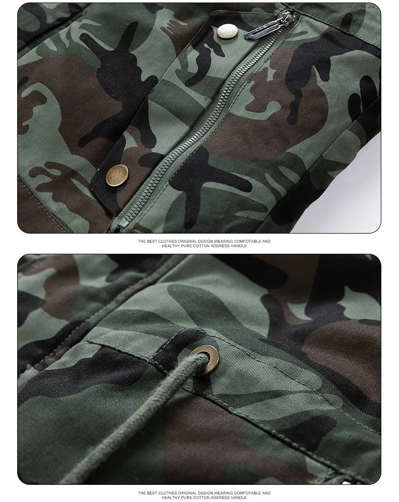 Men's Versatile Camouflage Fleece-Lined Military Jacket with Fur Hood & Multi Pockets