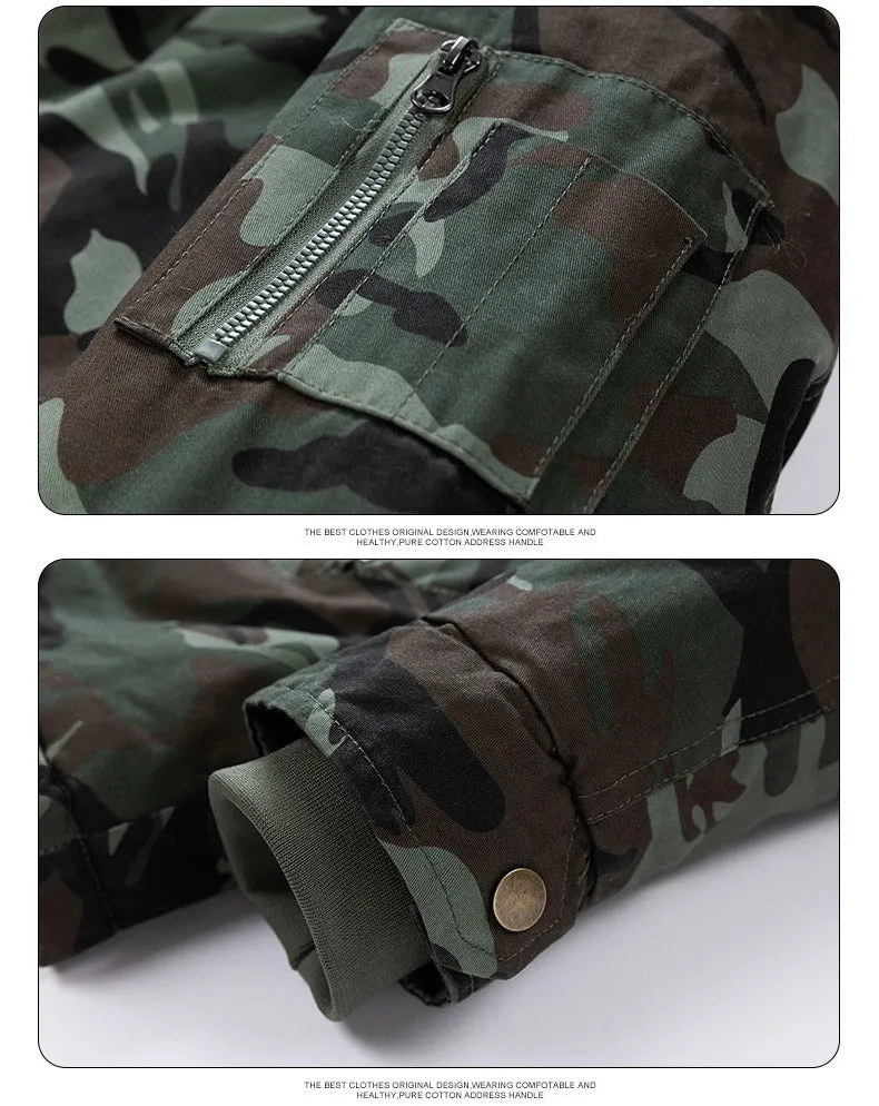 Men's Versatile Camouflage Fleece-Lined Military Jacket with Fur Hood & Multi Pockets