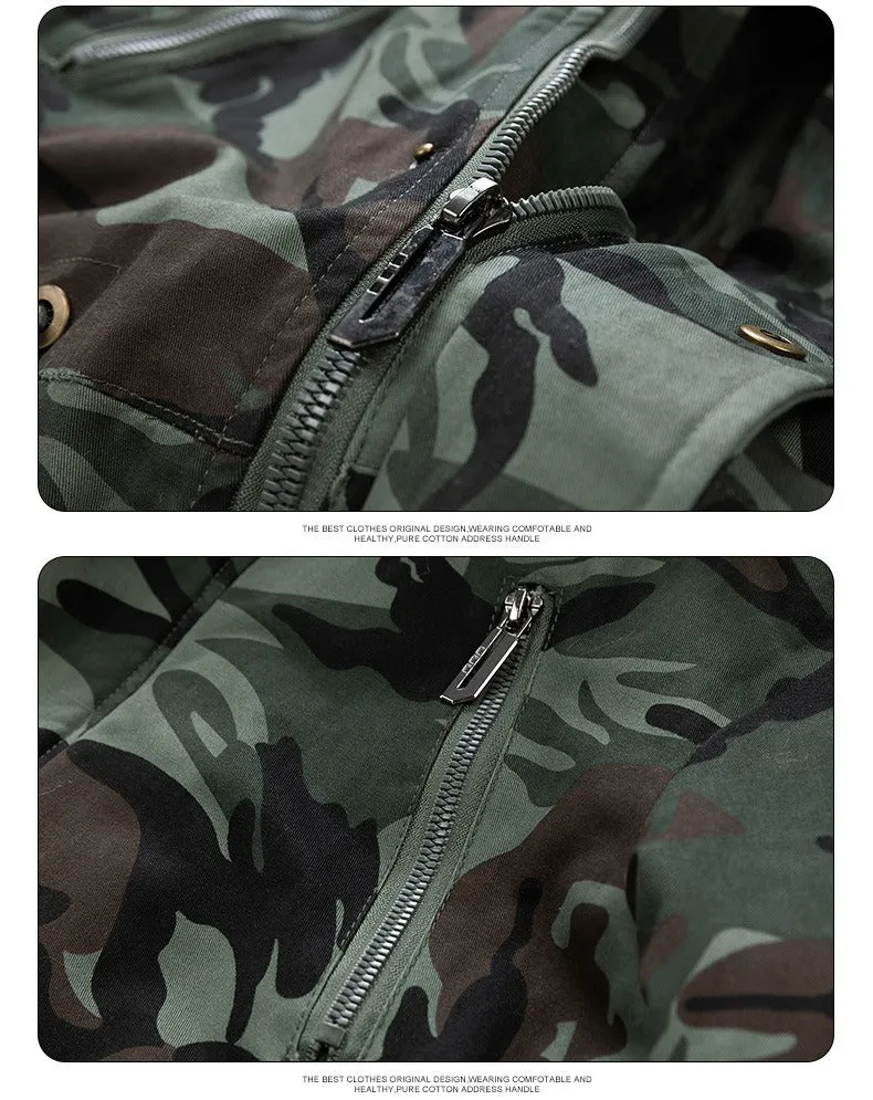 Men's Versatile Camouflage Fleece-Lined Military Jacket with Fur Hood & Multi Pockets