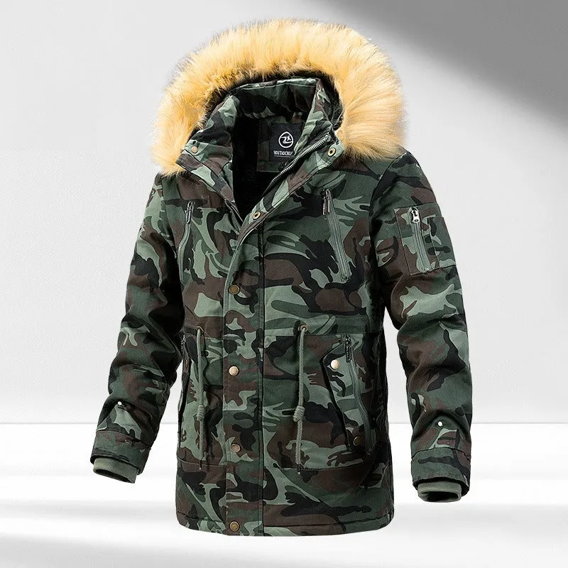 Men's Versatile Camouflage Fleece-Lined Military Jacket with Fur Hood & Multi Pockets