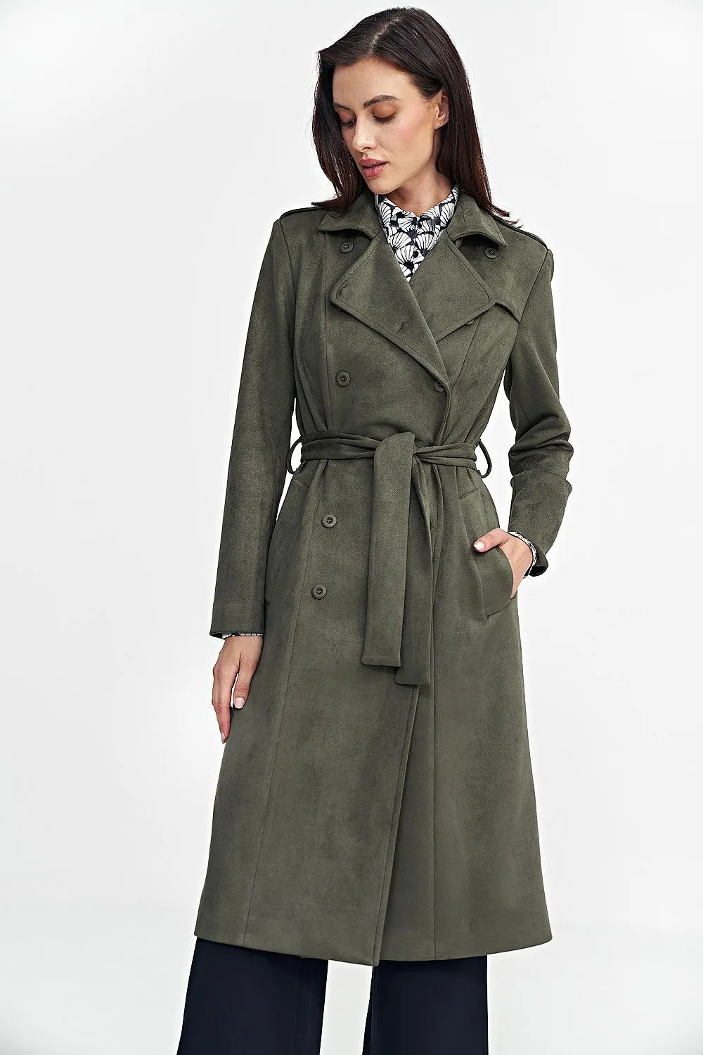 Nubuck Button Closure Knee Length Coat