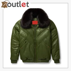 Olive Leather V Bomber Mens Jacket