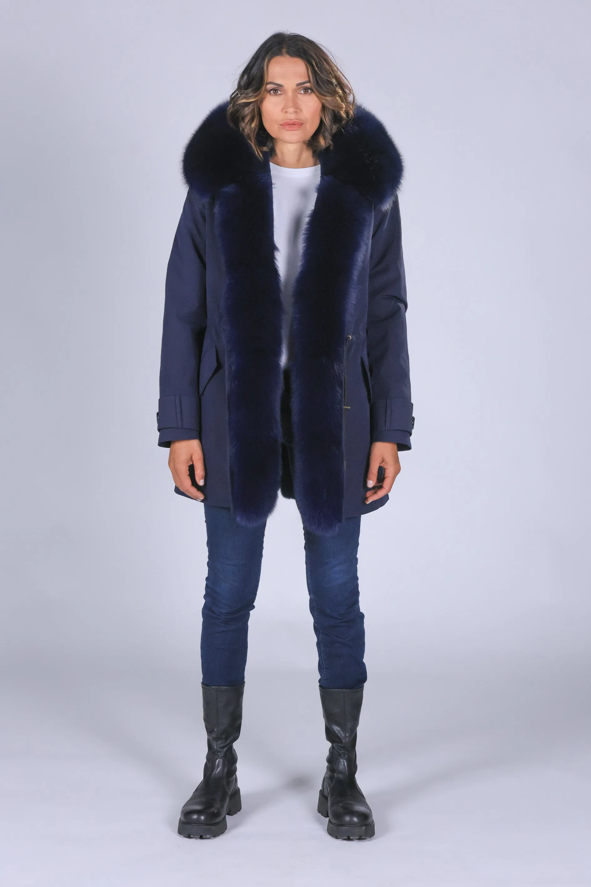 parka in cotone tecnico impermeabile long blue