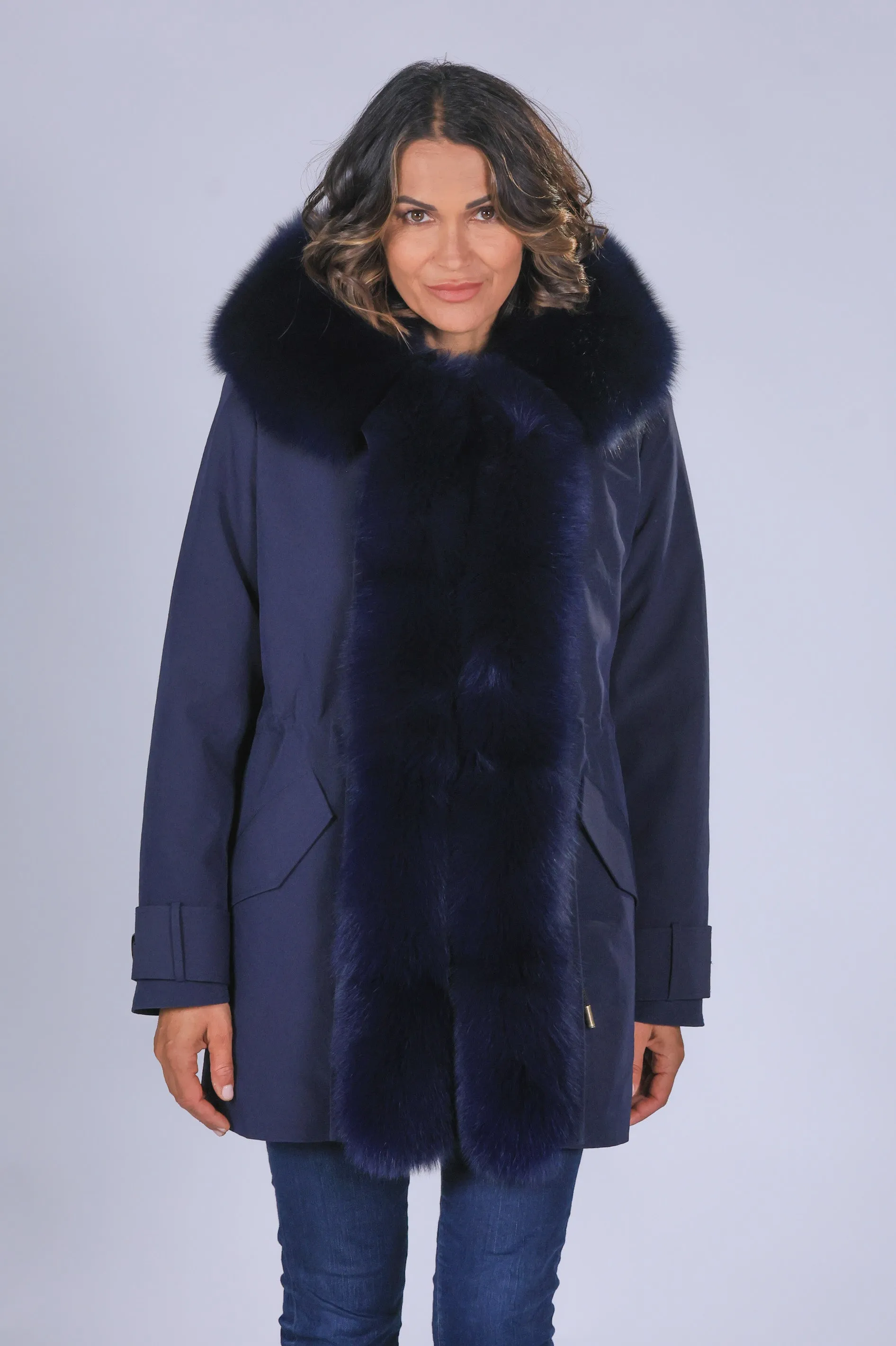 parka in cotone tecnico impermeabile long blue