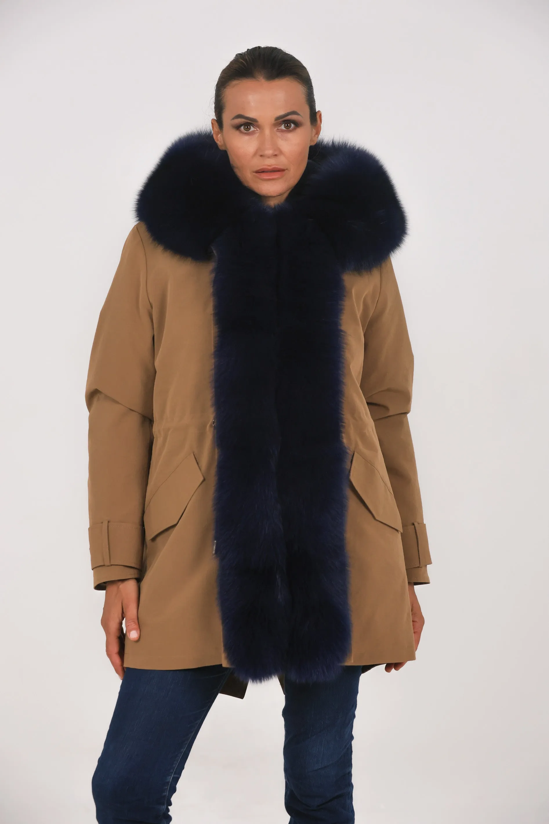 parka in cotone tecnico impermeabile long blue