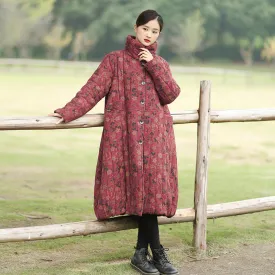 Retro Floral Stand-Up Collar Loose Fit Fleece Coat for Women