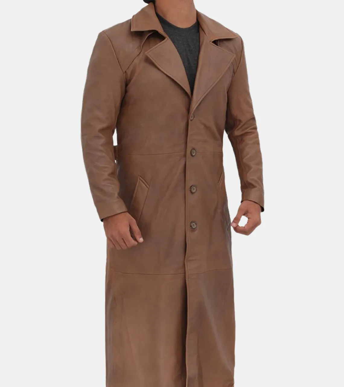 Rier Men's Tan Brown Leather Trench Coat