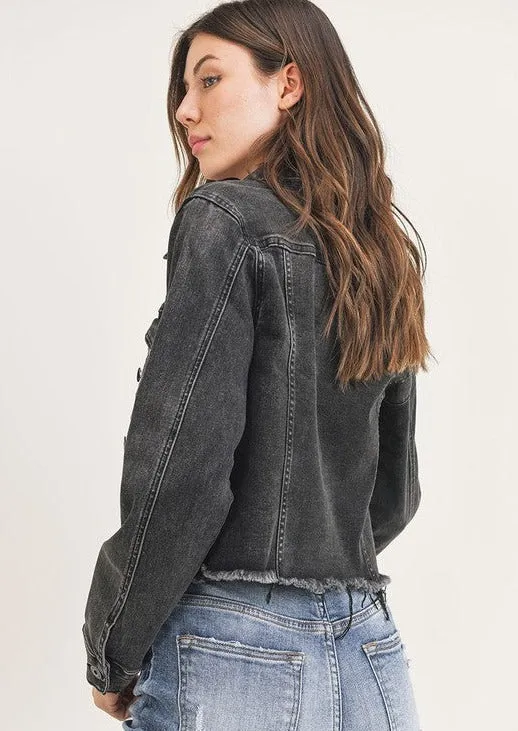 Risen Distressed Edge Black Denim Jacket