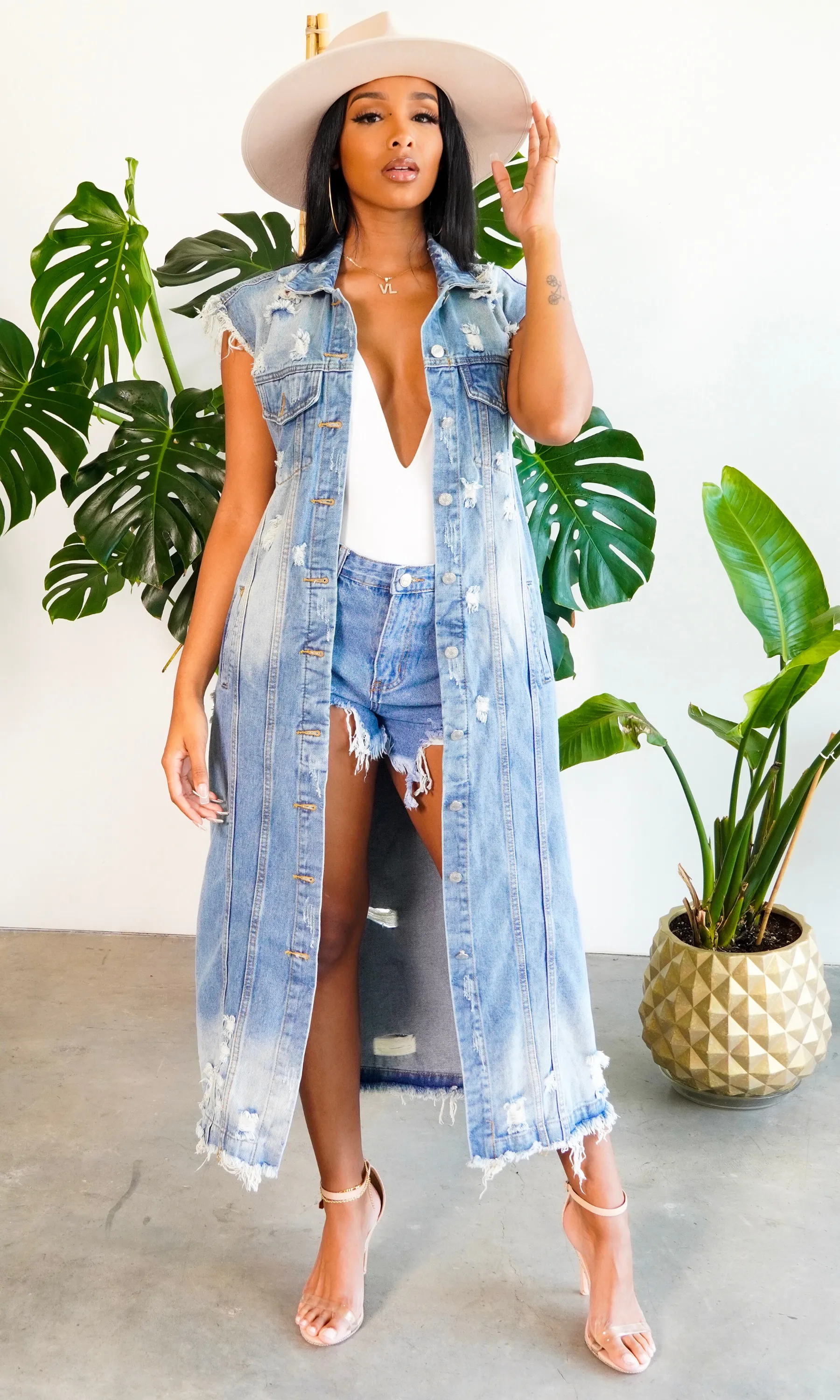 She's a Fashionista | Distressed Denim Long Vest Preorder ships Early February