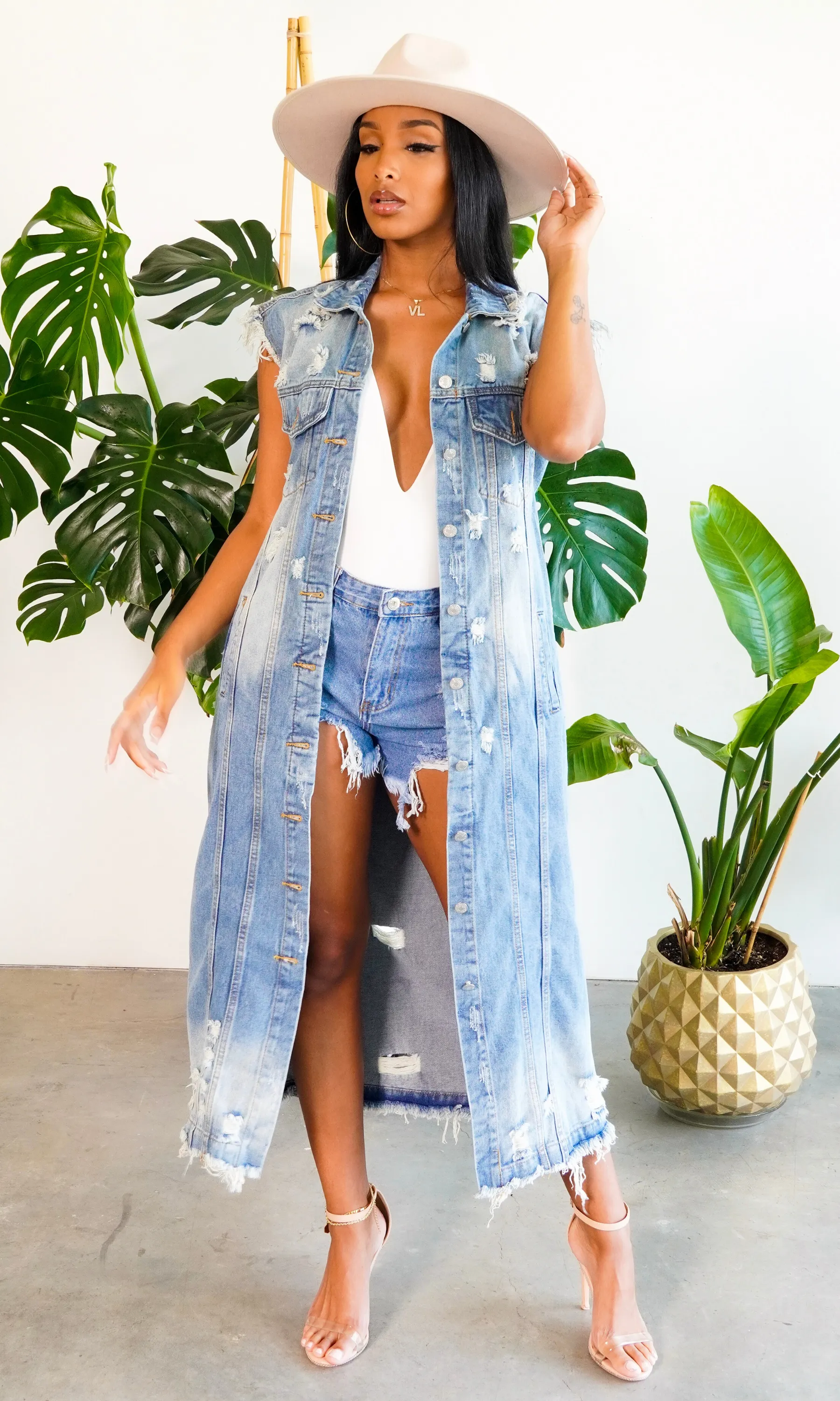 She's a Fashionista | Distressed Denim Long Vest Preorder ships Early February